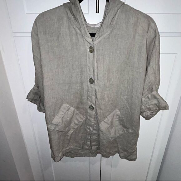 Lauren Vidal Linen Button Front Short Sleeve Hood Lagenlook Cardigan Top - Picture 1 of 7